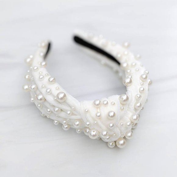 Ivory Pearl Knot Velvet Headband Pearl Beads Handmade Knotted Turban Maximalist main image 4